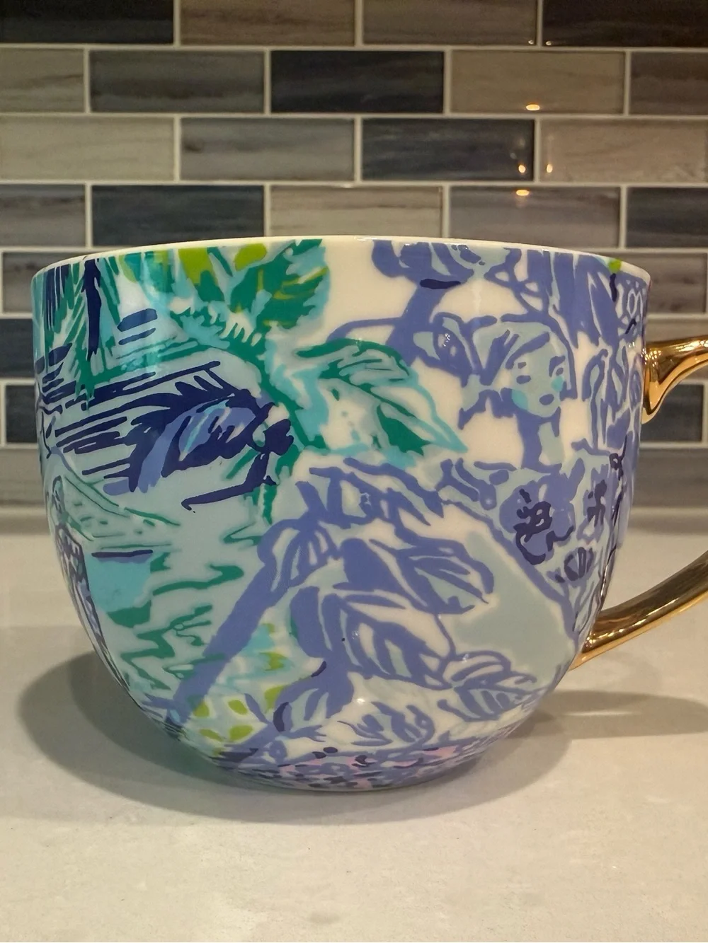 Lilly Pulitzer Oversized Coffee Mug Gold Handle Tropical Print